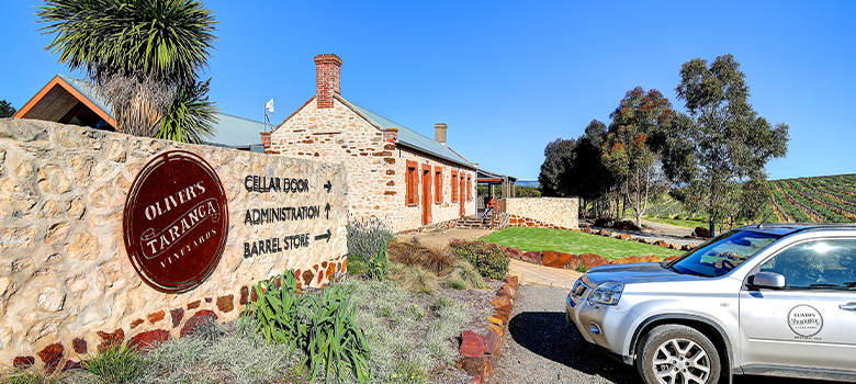 Car parked out the front of Oliver's Taranga winery and cellar door in McLaren Vale