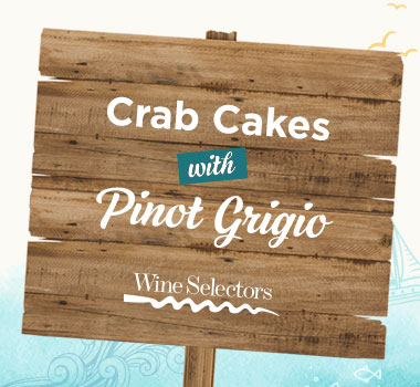 Pairing wine with fish and chips infographic stating crab cakes pair with Pinot Grigio 