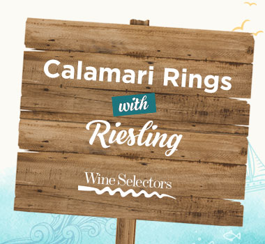 Pairing wine with fish and chips infographic stating calamari rings with Riesling