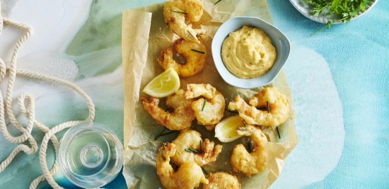 Popcorn prawns with spicy mayo and yuzu dressing 