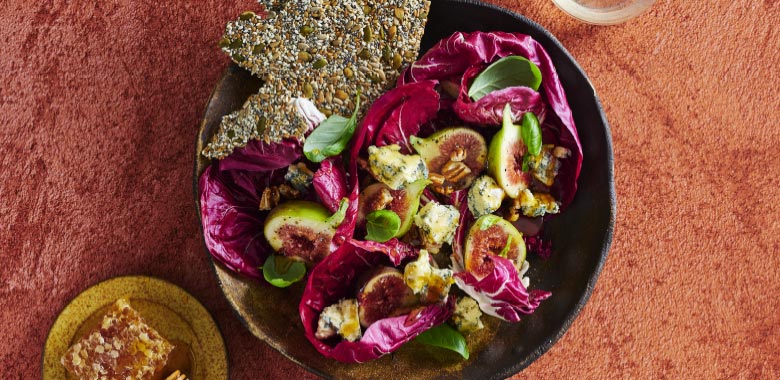 Radicchio, figs, burnt honey, and seed crackers