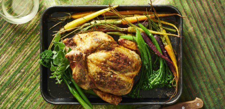 Roast chicken with anchovy butter and greens