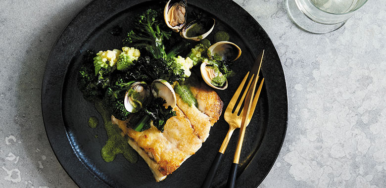JEWFISH WITH BRASSICAS, PIPPIES & MARGAN VERMOUTH