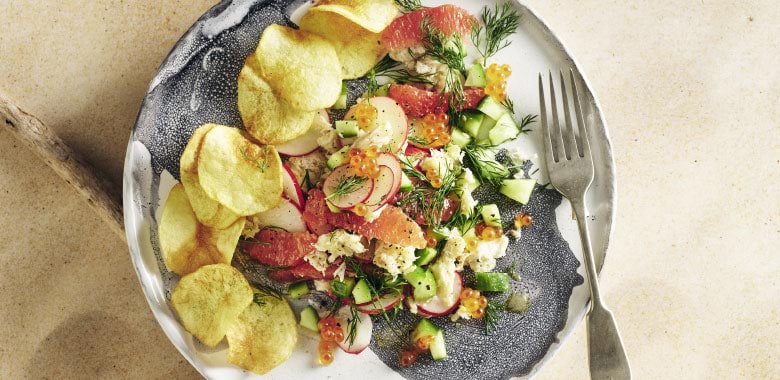 Crab salad with crisp potatoes and sparkling wine dressing