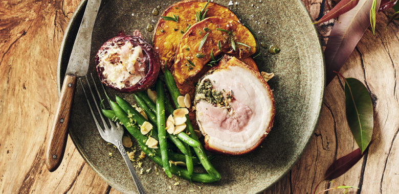 Pork belly porchetta, salt baked red onions, pumpkin, green beans and almonds