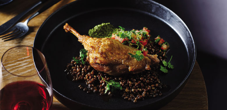Confit Duck Leg  With Bordelaise Lentils, Smoked Parsley & Sauce Vierge