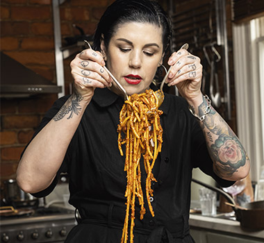 Shannon Martinez preparing her explosive Calabrian spaghetti