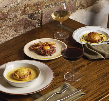 Beef tartare and salmon pithivier are regular favourites at La Cache a Vin.