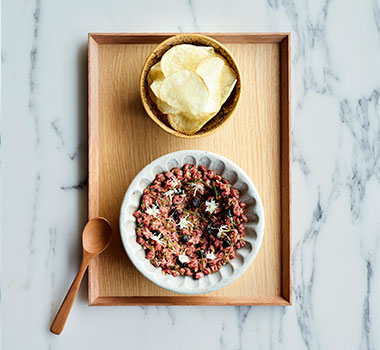 James Viles' beef tartare with black garlic mayo and salt and vinegar chips