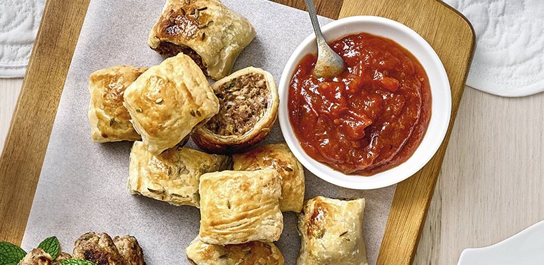 Turkey and apple sausage rolls made by Lyndey Milan, served with chutney