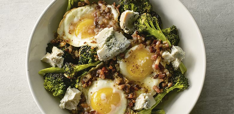 Broccoli Salad on a plate with fried egg and gorgonzola, prepared by Matty Matheson 