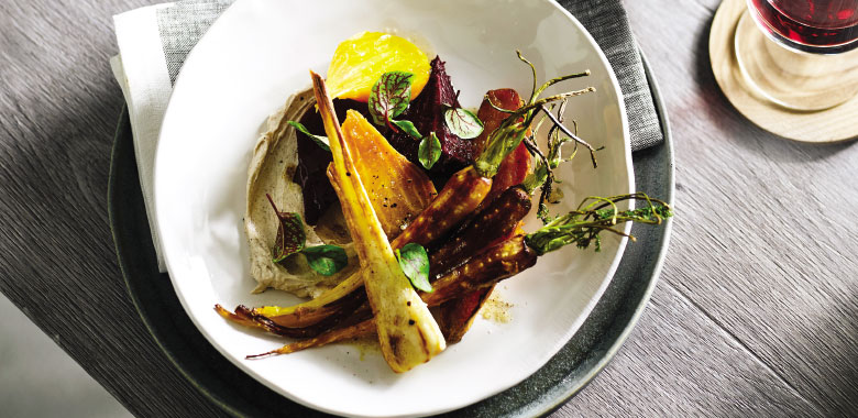 Slow cooked recipe: Salt Baked beetroot, brown butter root vegetables, whipped  goats cheese