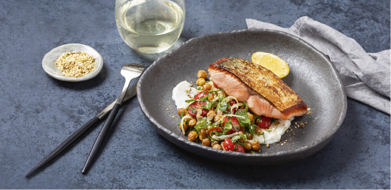 Barbequed Huon Salmon with whipped garlic and crispy spiced chickpea tabouli salad recipe