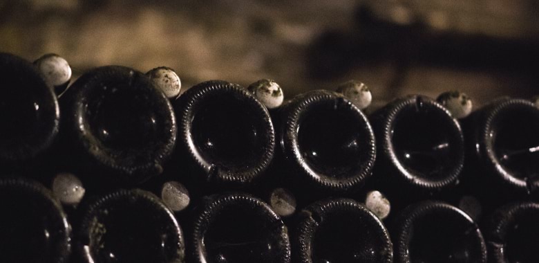 Bottles in a rack in an underground cellar