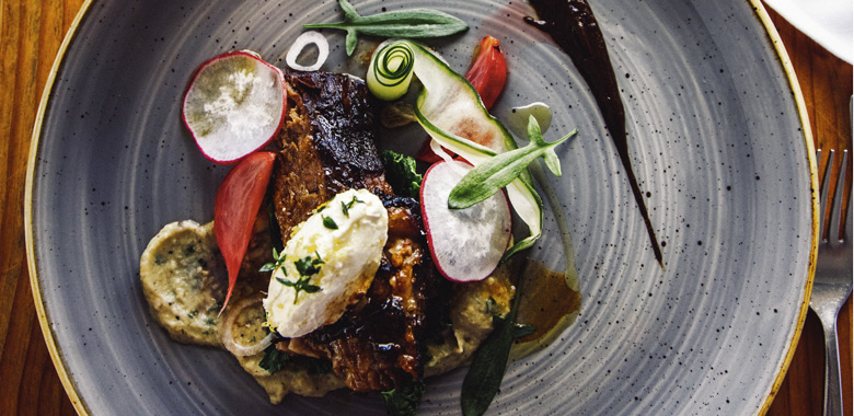 Ben Lanyon’s beef brisket, with eggplant puree, pickles and labneh
