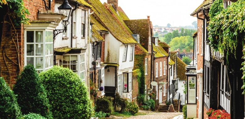 The moss covered buildings in the streets of Rye in East Sussex, England
