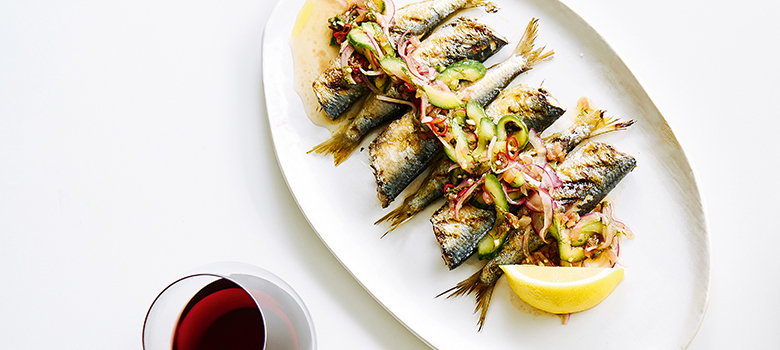 Neil Perry's barbequed sardines with spicy mint and cucumber salsa