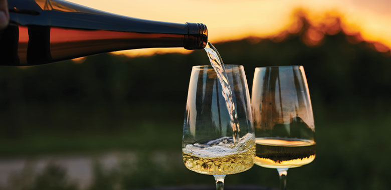 Pouring a glass of wine overlooking a vineyard