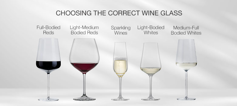 Choosing the correct type of wine glass. A row of different shaped wine glasses for red wine, white wine, sparkling wine and more.