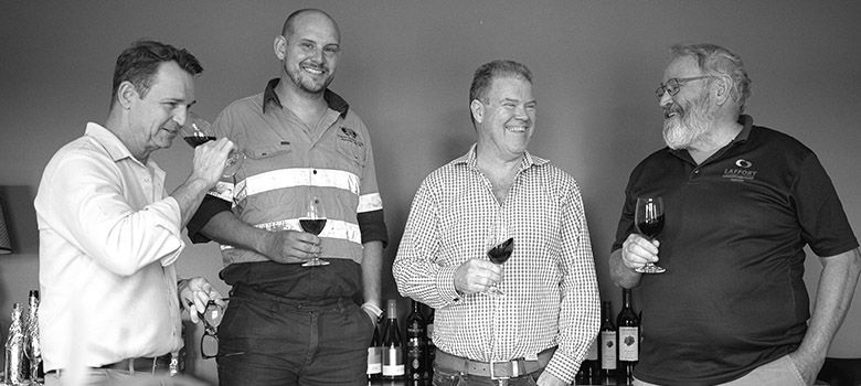 (From left to right) Paul Diamond of Selector, Stanton & Killeen winemaker Adriaan Foot, Wine Selectors’ Matt White, and Chris Pfeiffer, owner and winemaker of Pfeiffer Wines.