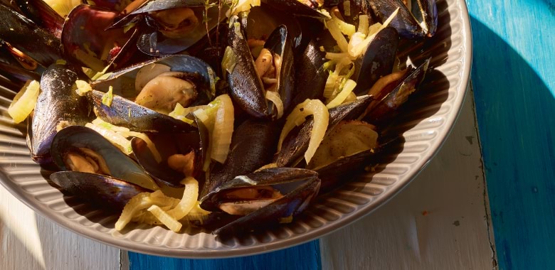 A plate of steamed mussels with ouzo and fennel by chef Carolina Doriti