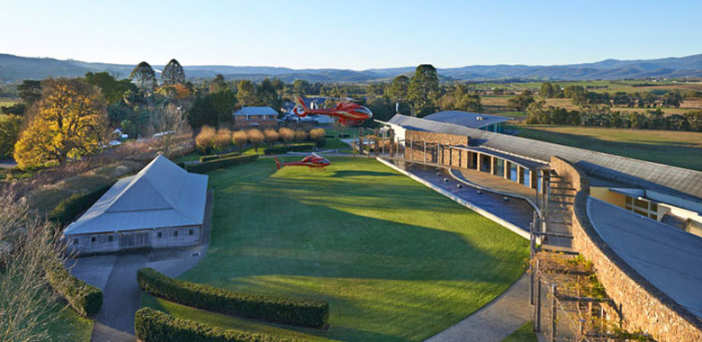 Birds-eye-view of Yering Station which features an architect-designed restaurant and bar, historic cellar door, art space, underground barrel room, and local produce store-all set on stunning grounds