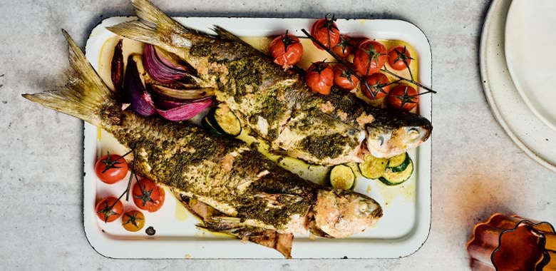 Lyndey Milan's whole roasted mullet with lemon myrtle, saltbush and finger lime