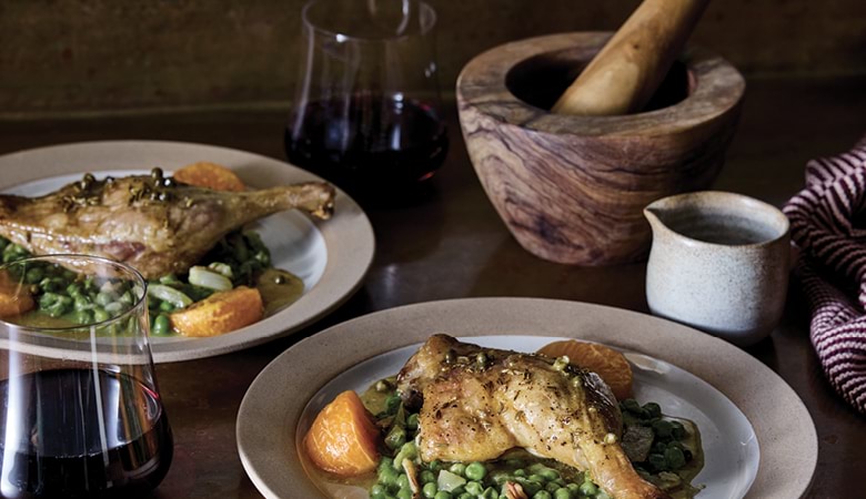 Gabriel Gaté's roast duck legs with mandarin and French-style peas