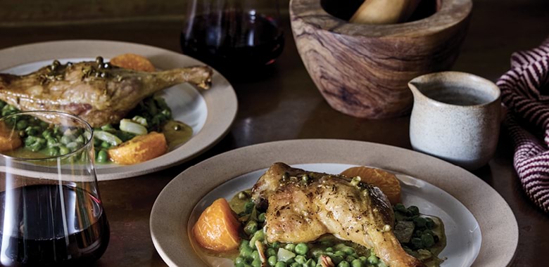 Gabriel Gaté's roast duck legs with mandarin and French-style peas
