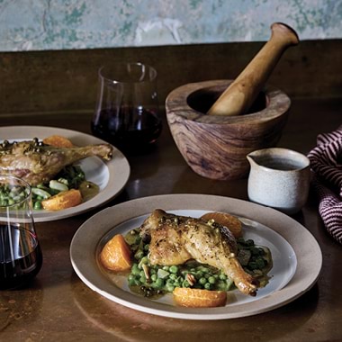 Gabriel Gaté's roast duck legs with mandarin and French-style peas