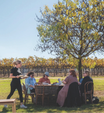 A table gathers for lunch outside on the grounds of Dear Vincent Wines in the Granite Belt.