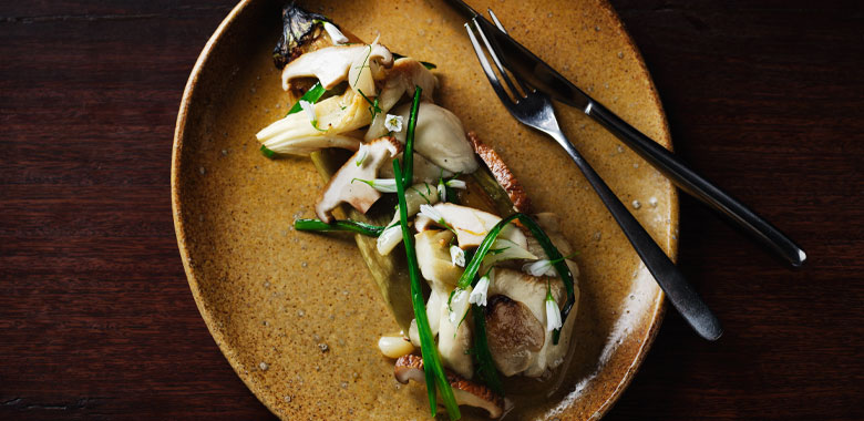 Lennox Hastie fire-roasted eggplant with grilled mushrooms