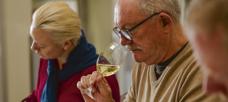 Cassandra Charlick and Ed Carr assessing Tasmanian Sparkling