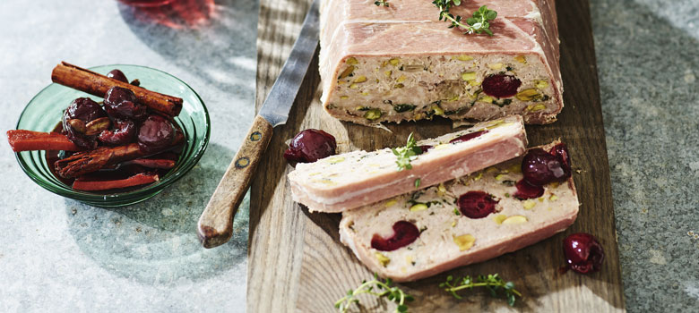 Lyndey Milan's Pork and cherry pistachio terrine with pickled cherries