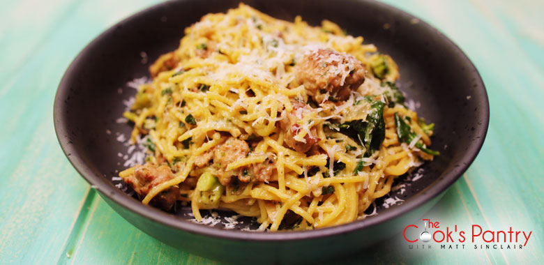Sausage, Broccoli and Walnut Pesto Spaghetti