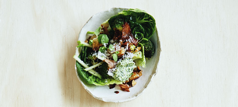Darren Robertson's charred broccoli, lettuce, pancetta, lemon, mint and almonds recipe