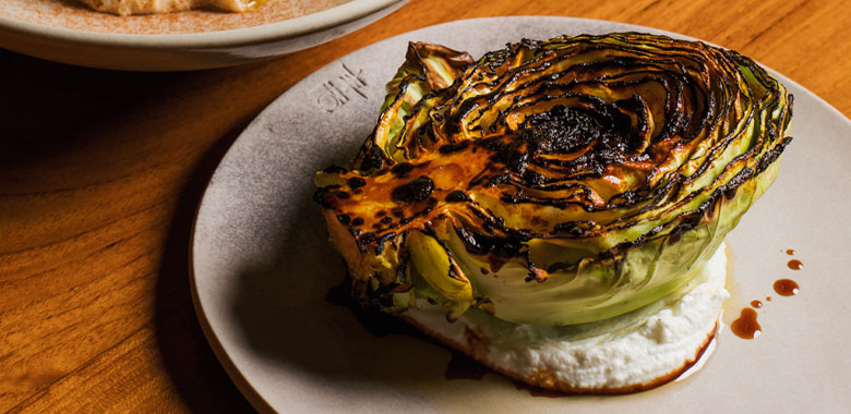 Adam Wolfers recipe for charred hispi cabbage with buffalo curd and pomegranate lime sauce