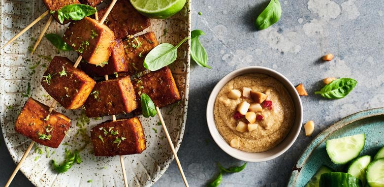 Lyndey Milan recipe for tofu skewers with macadamia and chilli sauce